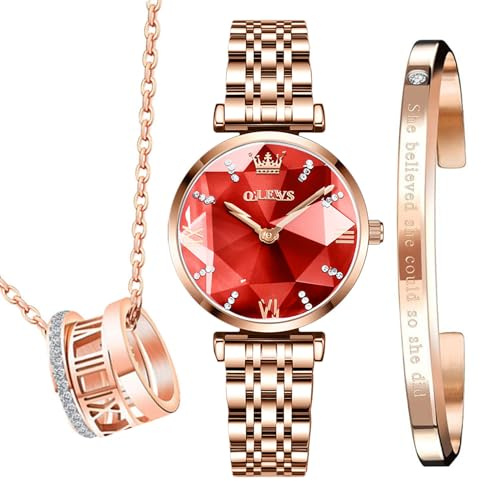 OLEVS Orologi Set Regali per le Donne, Orologio Collana Braccialetto Set 3 Pezzi per Mamma Moglie Fidanzata Anniversario Compleanno Natale San Valentino Regali, 3ATM impermeabile, Matrimonio Romantico