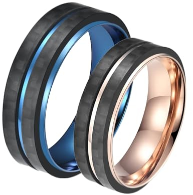 ANAZOZ Partnerringe Edelstahl, Verlobungsringe Paar Personalisierte Ring Bicolor Breit 7,4mm mit Kohlefaser Frau 60 + Mann 65