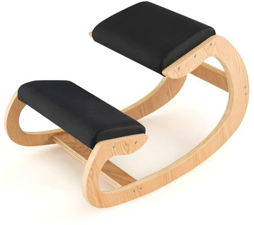 FIREFLOWERY Ergonomic Kneeling Chair, Wooden Posture Chair W/Extra Padding for Back Neck Pain Relief & Improving Posture, Rocking Meditation Stool W/Knee Support for Home Office (Black)