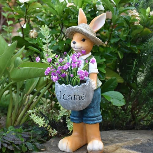 Pevfeciy Große Gartenskulptur mit Blumentöpfen Gartendeko für draußen Gartenfiguren & gartenstatuen,Statue von Miss Rabbit und Mr. Rabbit,Osterhase deko,Geschenke für Draußen,Braun,50x22cm
