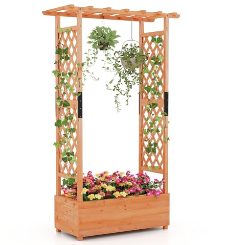 RELAX4LIFE Pflanzkasten mit Rankgitter & Dachregal, Blumenkasten mit Gartenspalier für Kletterpflanzen & Korbpflanzen, Rankkasten Holz, Blumenbeet für Balkon Terrasse (110 x 44 x 182 cm), KX8554DE