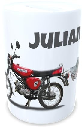 Personalisierte Spardose mit Simson S51 DDR Moped Motiv Sparbüchse Geldgeschenk Verpackung Mädchen Junge (rot)