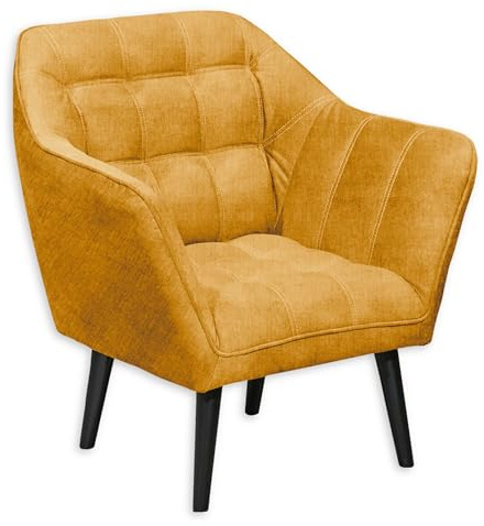 Stella Trading MAX Loungesessel mit Armlehnen, Amber - Bequemer Sessel gepolstert mit schwarzen Massivholz Füßen für Esszimmer & Wohnzimmer - 84 x 87 x 70 cm (B/H/T)