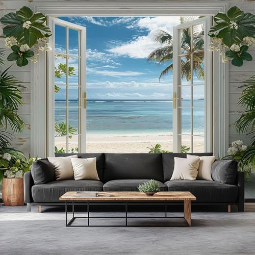 Tapete 3D Effekt Fenster mit Meerblick Fototapete Wohnzimmer B300 x H210 cm Vlies Tapeten Wandtapete Moderne Wanddeko Wand Dekoration Wohnzimmer Schlafzimmer Büro Flur