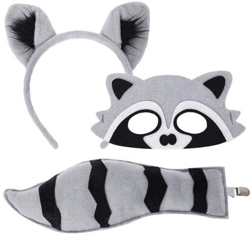 XEPST Tier Waschbär Set, Ohren und Schwanz mit Stirnband und Schwanz für Kostüm Geburtstagsparty und Halloween