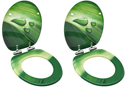 Toilettensitze Soft-Close-Deckel 2 Stk., LAPOOH Klodeckel, Toilettendeckel, Wc Sitz, Klobrille, Wc Deckel, Toilettenbrille, MDF Grün Wassertropfen