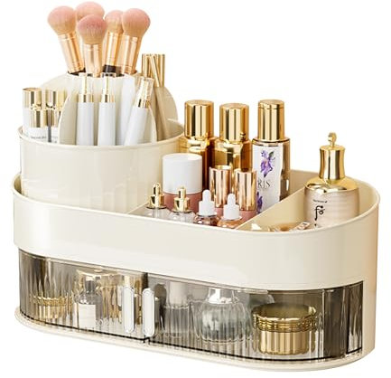 Make Up Kosmetik Organizer 2 Stöckig Multifunktionale Kosmetikregal Skincare Aufbewahrung Großer Kapazität Fach 2in1 Beauty Pinselhalter Schminke für Schminktisch Schlafzimmer Bad