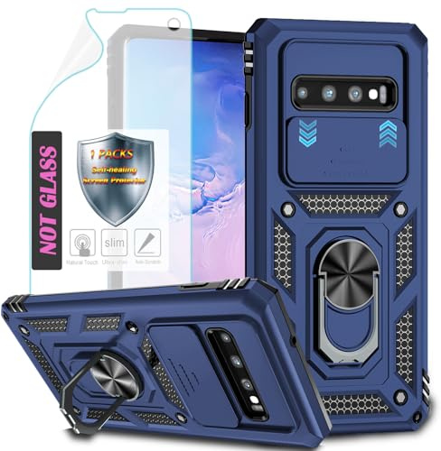 YmhxcY Handyhülle Für Samsung Galaxy S10 Plus Hülle,[mit 1 Stück Schutzfolie],360°Drehen Metallständer，Stoßfester Schutz Hartschale，Mit Kameraschutz，Samsung Galaxy S10 Plus-Blau