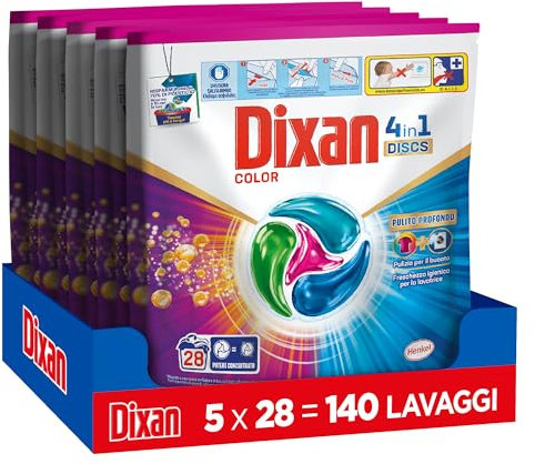 Dixan DISCS 4in1 Color Detersivo Lavatrice, 5 confezioni da 28 lavaggi, Capsule lavatrice per colori vivaci, pulizia profonda del bucato e freschezza igienica per lavatrice, Rimuove le macchie da 20°C