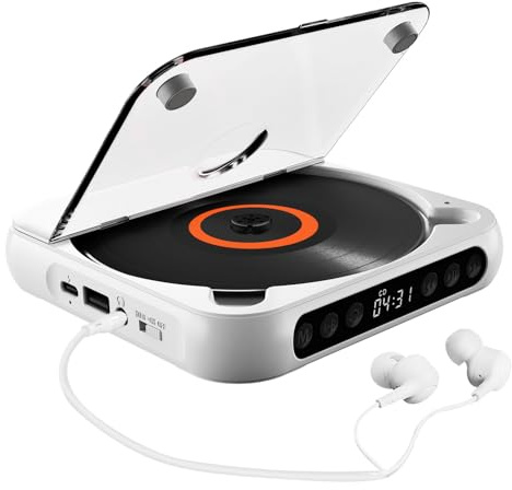 summina CD Player BT Music Player CD Runner with Headphones | Dustproof Cover, 6 Modes A-B Repeat Timer Remote Control External Playback Function Portable Home Desktop CD Player (White)