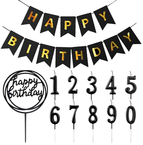 10 Cake Candles, 1 Cake Insert, 1 Birthday Flag, Black Number Candles, Cake Decorations, Birthday And Anniversary Party Decorations