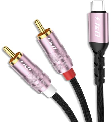 J&D Câble Audio USB C vers 2 RCA, Adaptateur Type C vers 2 RCA, Cordon Y pour stéréo voiture, Compatible iPhone 16/17, DVD, Amplificateurs, Rose Doré, 2,4 m