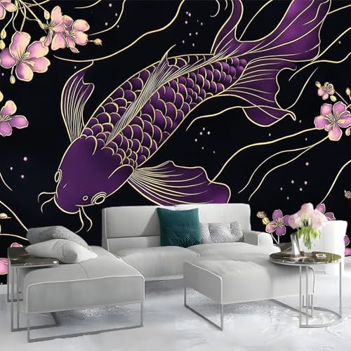 Carta da Parati Camera Letto Pesce Viola Fiori di Ciliegio Nero 200x140cm Fotomurali Moda Decorazione da Muro Poster Carta da Parati Murale 3D per Soggiorno Ufficio Cameretta Bambini, Nero