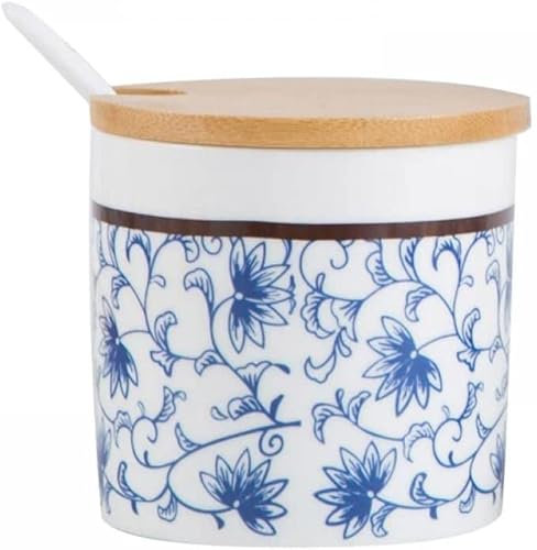 HEYDGBBZ Le bol de sucre en céramique, Sucrier en céramique rétro pot de rangement bleu et blanc avec couvercle en bois et cuillère
