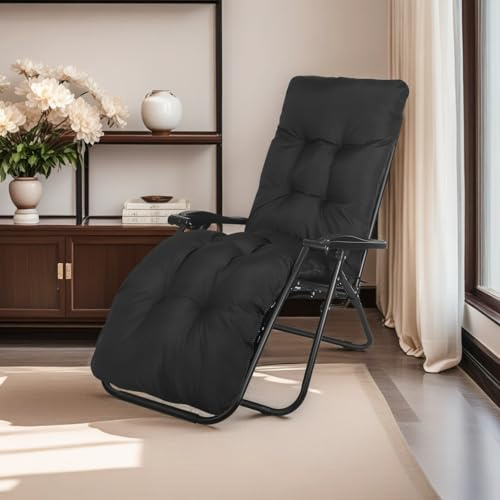Waterproof Sun Lounger Cushion Only, 170 * 53 * 10cm Sunlounger Cushions Replacement Garden Relaxer Chair Cushion Pad Sunbed Cuhsion with Top Cover for Garden Patio Yard Beach (Black)