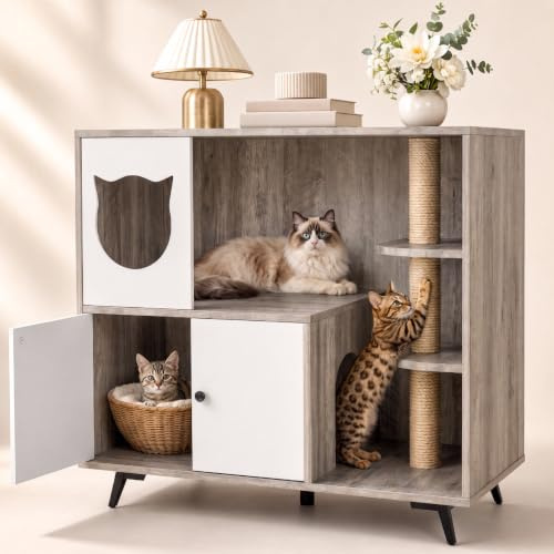 Gabinete de Arena para Gato, Mueble Arenero 98x91x50CM, Rascador, Caja Arena Oculta con Puerta, Casa y Cueva para Gato, Carga 50 kg, Gris Claro