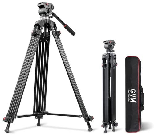 GVM Videostativ mit Flüssigkeitskopf, 185,4 cm, robustes Kamerastativ aus Aluminiumlegierung, mit fester Halterung für Camcorder/DSLR, maximale Traglast 10 kg, mit Tragetasche