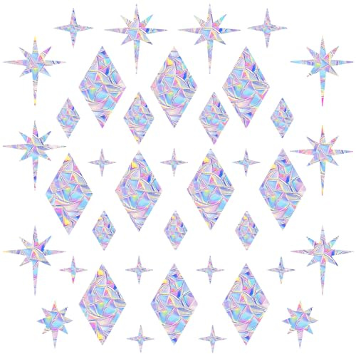 Gosknor 74pcs Anti-Collision Window Clings for Birds, Prismatic and Star Pattern Window Sticker Non Adhesive Rainbow Static Decals to Prevent Bird Strikes Glass Alert Cling