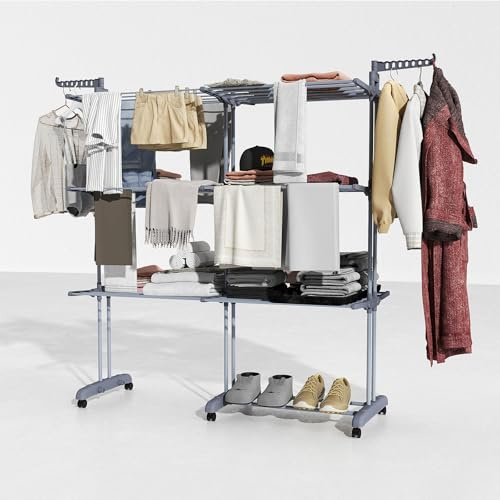 Fabulcozy Séchoir à Linge Pliable Étendoir à Linge 4 Niveaux avec roulettes Utilisation intérieure et extérieure (Grand)