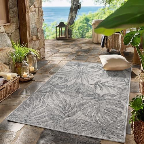 SIMPEX Outdoor Teppich Grau 80x150 cm Läufer Wetterfest UV-beständig Pflegeleicht Palmblätter Design für Küche Balkon Terrasse Wohnzimmer