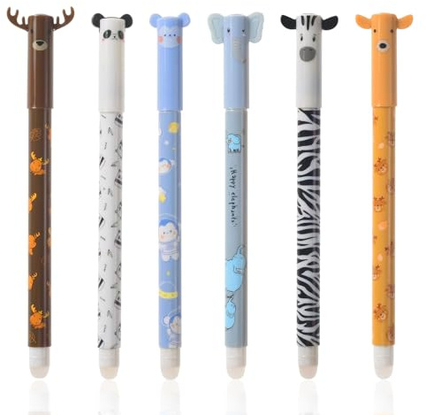 UICCVOKK 6er Pack Radierbarer Kugelschreiber, Kawaii Radierbare Stifte, Gelstifte Radierbar Blau Mine 0,5 mm, Cartoon Erasable Pen für Kinder Studenten Geschenk(Blau Tinte)