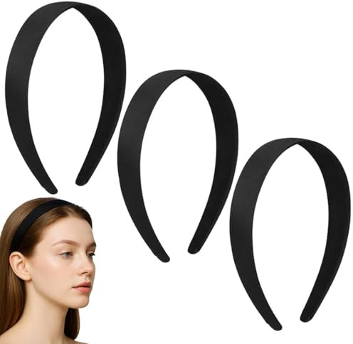 3 Pezzi Cerchietti Semplici Fasce per Capelli, Nero Antiscivolo, 1,5 cm Colore Nero in Raso, Semplici Cerchietti per Capelli Fai da Te Tinta Unità per Ragazze e Donne