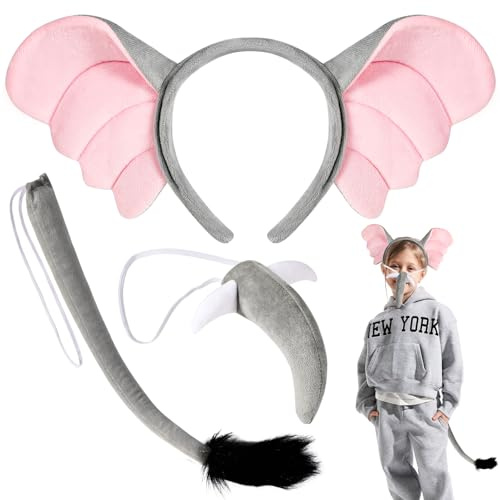 XEPST Elephant Ears and Tail Set, Animal Elephant Costume Set with Ear Headband nose and Tail for Animal Costume Cosplay Birthday World Book Day Halloween Fancy Dress Party Supplies