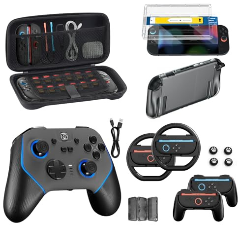 Switch 2 Accessories Bundle for Nintendo, 16 in 1 Game Kit: Carrying Case, Wireless Controller, Screen Protector with Auto-Alignment OneTouch, Steering Wheel, Joycon for Grip, Protective Case
