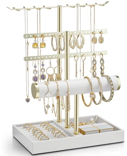 VLANDO Smyckesorganiserare 4 Nivåer Smyckeställ Guld med Konstläder Armbandshållare för Kvinnor - Smyckesställ Display för Halsband, Klockor, Ringar, Örhängen, Armband, Armband, Solglasögon