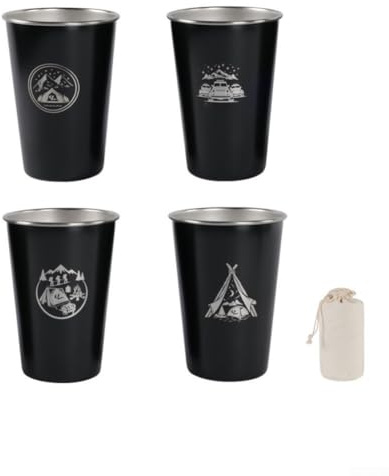 HEBEOT 4 vasos de acero inoxidable apilables de 500 ml, tazas de café / té / vasos de cerveza para interiores y exteriores, senderismo, fiesta, campamento (500 ml, negro)