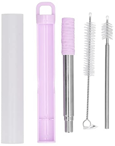 Paja de metal reutilizable de munefe, paja de bebida plegable portátil, paja plegable duradera y ligera para café y bebidas (Blue de neblina) (Púrpura ligera)