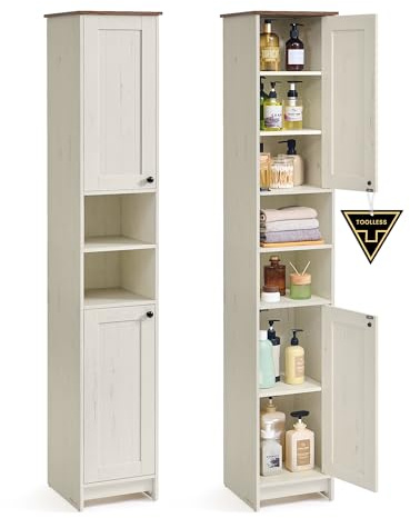 SONGMICS HOME Mobiletto da Bagno Stretto, Snapsemble Montaggio Rapido, Mobile Compatto con Ripiani Regolabili per Soggiorno, Ingresso, 30 x 30 x 170 cm, Bianco Vintage BBC667WJ01