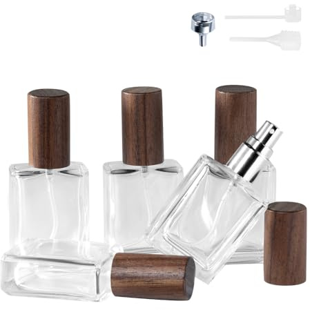 Cryslora Parfümzerstäuber Glas mit Walnuss-Holzdeckel, 5er Set 15 ml | Nachfüllbare Reiseflasche, Auslaufsicher, Feiner Sprühnebel, Handgepäck-geeignet