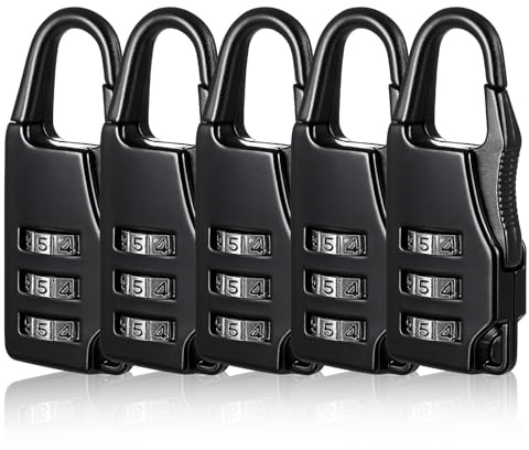 Confezione da 5 lucchetti a combinazione per bagagli, con combinazione a 3 cifre, colore nero, con piccola password, in lega di zinco, lucchetti a combinazione sicura per zaini, valigette, valigie