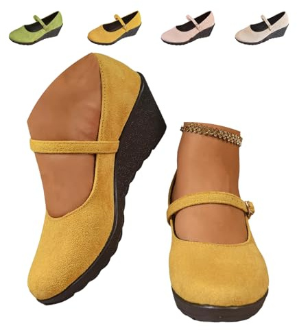 Mary Janes - Scarpe da donna con tacco a zeppa, punta rotonda, ballerina, in morbida pelle scamosciata, elegante, per lavoro quotidiano, Giallo, 38 EU