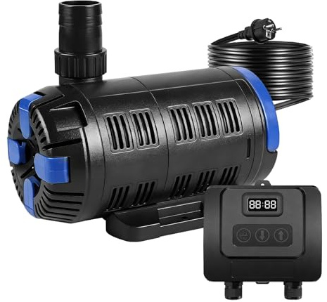EXLECO Regelbar vattenpump för utomhusbruk, 8000 l/h, 18 W-80 W, justerbar strömningspump med multifunktionskontroller, filterpump för dammar, trädgårdsdampump, eko-pump för trädgårdsdammar