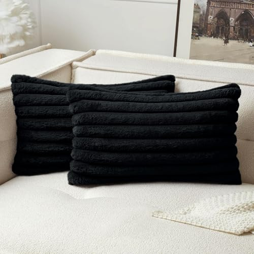 MIULEE 2er Set Kissenbezug 40×60cm Breitstreifen Plüsch Schwarz