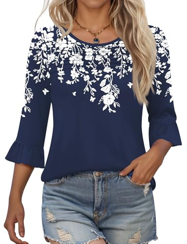 Kistore Women's Navy Floral Print 3/4 Ruffle Sleeve Casual Blouse M