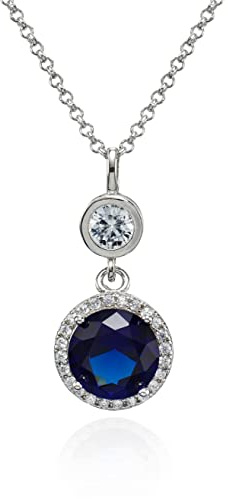namana Halskette mit elegantem runden Anhänger in Rubinrot oder Saphirblau mit Zirkonia Stein und weiterem Schmuckstein, silberfarbene rhodinierte Halskette in verstellbarer Länge.