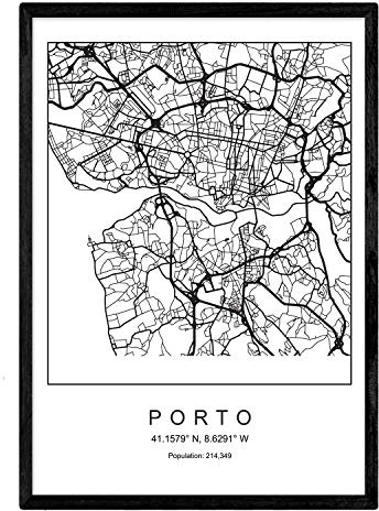 Nacnic Lámina mapa de la ciudad Porto estilo nordico en blanco y negro. Poster tamaño A4 Enmarcado con marco negro Impreso papel 250 gr. Cuadros, láminas y posters para salon y dormitorio