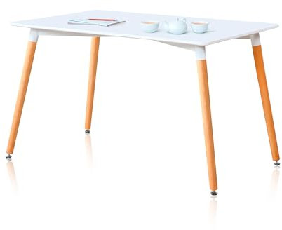 Nordika, Mesa Fija de Comedor, Mesa Comedor Rectangular, Salon o Cocina, Acabado en Blanco y Haya, Medidas: 140 cm (Largo) x 80 cm (Ancho) x 75 cm (Alto)
