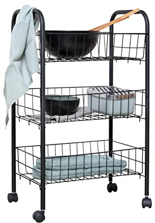 WENKO Rollwagen Florenz Schwarz, Küchenwagen mit 3 Etagen und 4 leichtgängigen Rollen, ideal als Servierwagen oder Küchenregal einsetzbar, aus pulverbeschichtetem Metall, Maße: 38 x 63 x 25 cm