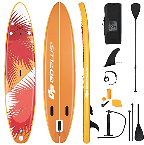 COSTWAY Stand Up Paddling Board, SUP Board aufblasbar, Paddelboard mit Sicherheitsleine, Paddel, Pumpe, Center Finne, Rucksack und Reparaturset (Orange, 335x76x15cm)