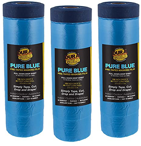 Dura-Gold 106 Wide x 46' Long Roll of Pure Blue Pre-Taped Masking Film, 3 Pack, Pre-Folded Overspray Paintable Plastic Protective Sheeting, Pull Down Drop Sheet - Auto Painting, Cover Walls Furniture