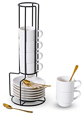 Lareina Porcelain Stackable Espresso Cups with Saucers, Spoons and Metal Stand 4 Ounce Small Cappuccino Coffee Cups Set of 6 - Ceramic Demitasse Cups for Nespresso Lungo, Double Espresso, White