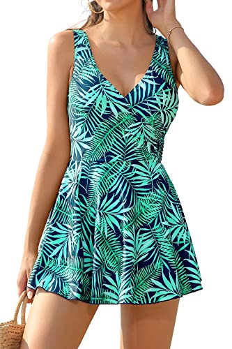 SHEKINI Mujer Traje de baño de una pieza falda de natación con tirantes sólidos con cuello en V Cruz acanalada vestido de baño para mujer impreso vestido de natación para mujer, Hojas verdes., L