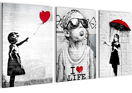 Novart Bilder Set Banksy Collage - Kein Extra Rahmen benötigt - Wandbilder für Wohnzimmer Büro Loft - 3 Bilder 40x60 cm Deko Street Art - N003136a