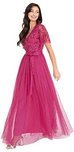 Maya Deluxe Womens Maxi Ladies Ball Gown for Wedding Guest Embellished Tie Waist V Neck Bridesmaid Prom Evening Occasion Dress, Fuchsia, 12 UK