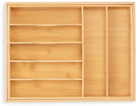 Relaxdays Besteckkasten für Schubladen, ausziehbar, 7-9 Fächer, HBT: 5 x 34-50,5 x 44,5 cm, Besteckeinsatz Bambus, Natur