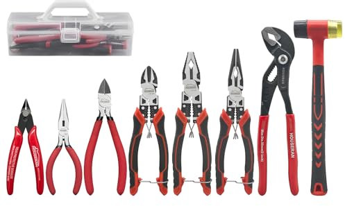 HOUSERAN Plier Set,8-Piece Tool Set with Case Including 10” Groove Joint Pliers,8.3” Long Nose,8.3” Linesman,7.5” Diagonal,6” Flush Cutter,5” Long Nose,5” 170 Cutter,Rubber Mallet for DIY & Home Use